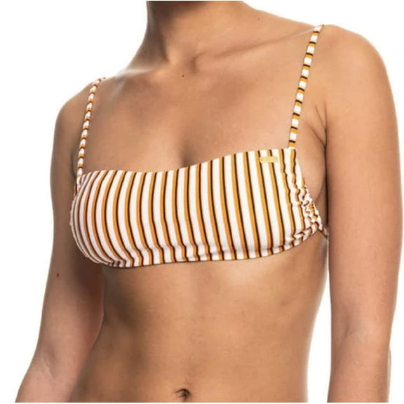 Roxy Printed Beach Classics Bandeau Bra Bikini Top Womens Sz M Golden Ochre Mony Stripes S