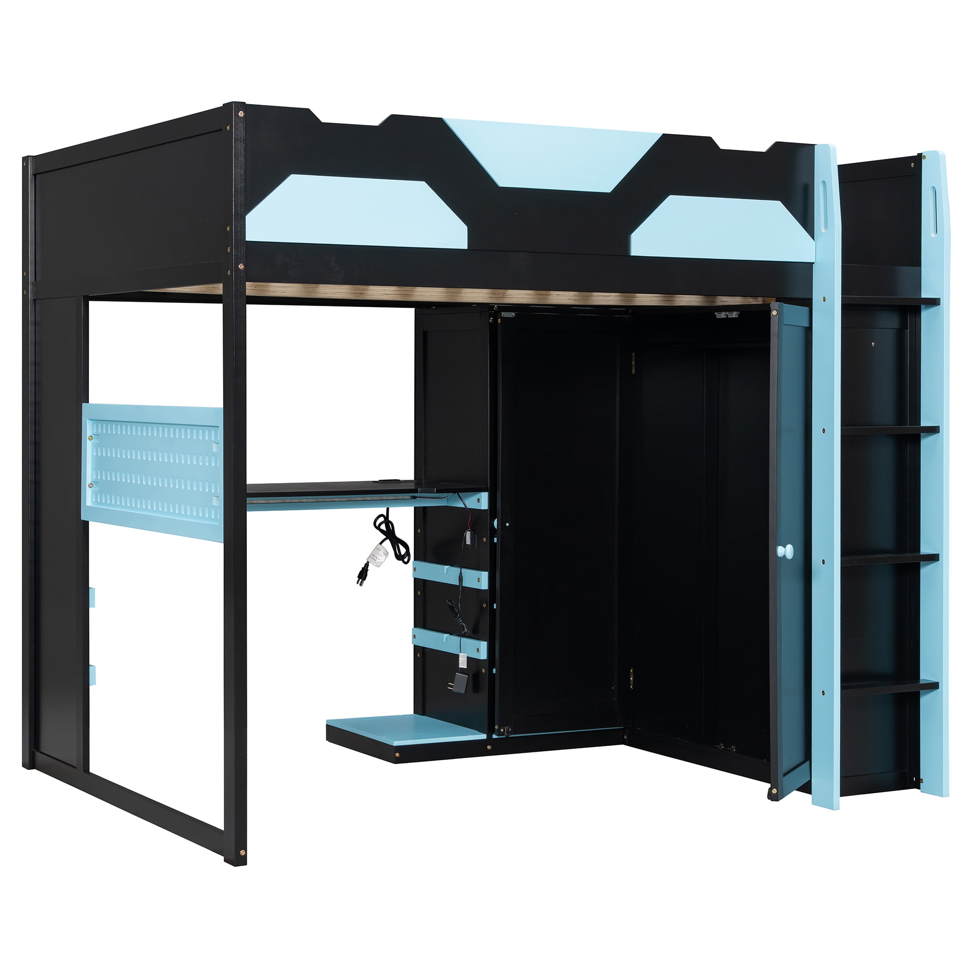 Mintazer Full Gaming Loft Bed with Adjustable Desk & Wardrobe, Modern Loft Bed with RGB Lights & Storage Pegboard, Black & Blue
