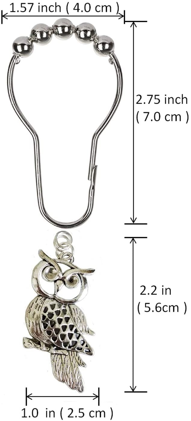 Country Shower Curtain Hooks - Rust Proof Brushed Nickel Rings with Owl Pendant Accessories Set - Decorative Metal Shower Curtain Hooks and Rings for Bathroom Shower Curtain Rods, Set of 12