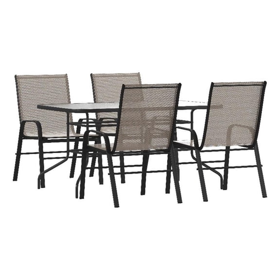 Afuera Living 5 Pc Patio Dining Set - 55" Glass Patio Table 4 Brown Stack Chairs