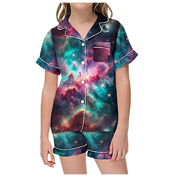 Toddler Girls Fashion Star Themed Printed Button Down Lapel Short Sleeved Top Shorts Pajamas Set For Kids Vêtements Pour Enfants Size 4-5T