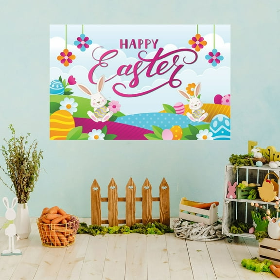 HongHeng 59x35 inch Happy Easter Backdrops Cloth Happy Hanging Wall Banner Bunny Grassland Eggs Photography Background for Easter Spring Party Decoration Happy Easter Sign