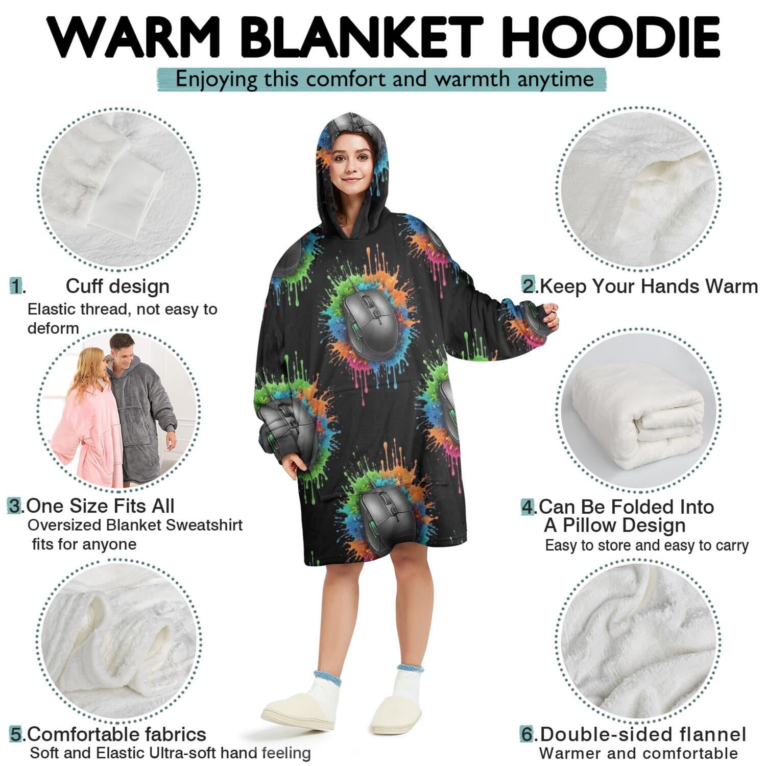 Wearable Oversized Blanket,Colorful Mouse Games Black Pattern Wearable Blanket Hoodie for Adults,Cozy Hooded Blankets with Super Pockets,Super Warm Fuzzy Pullover for Women & Men