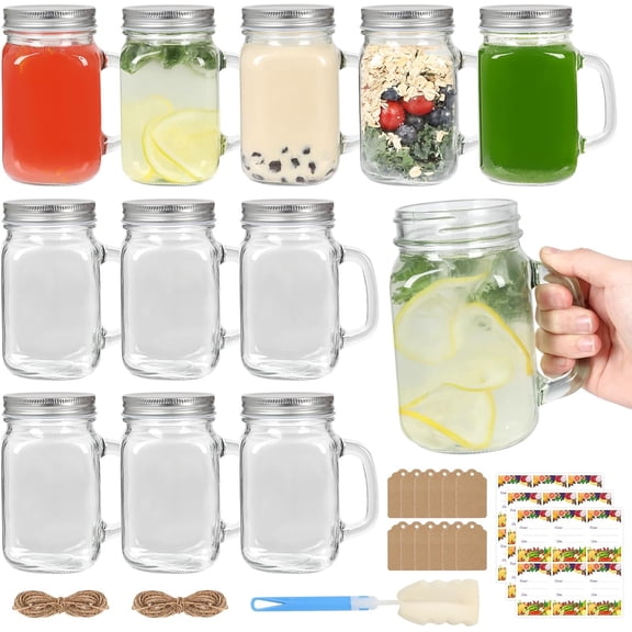 16 oz Mason Jar with Handle, 12 Pack Mason Jars Cups with Lids, Reusable Glass Drinking Mugs for Smoothies, Kombucha, Cocktails, Party Favors