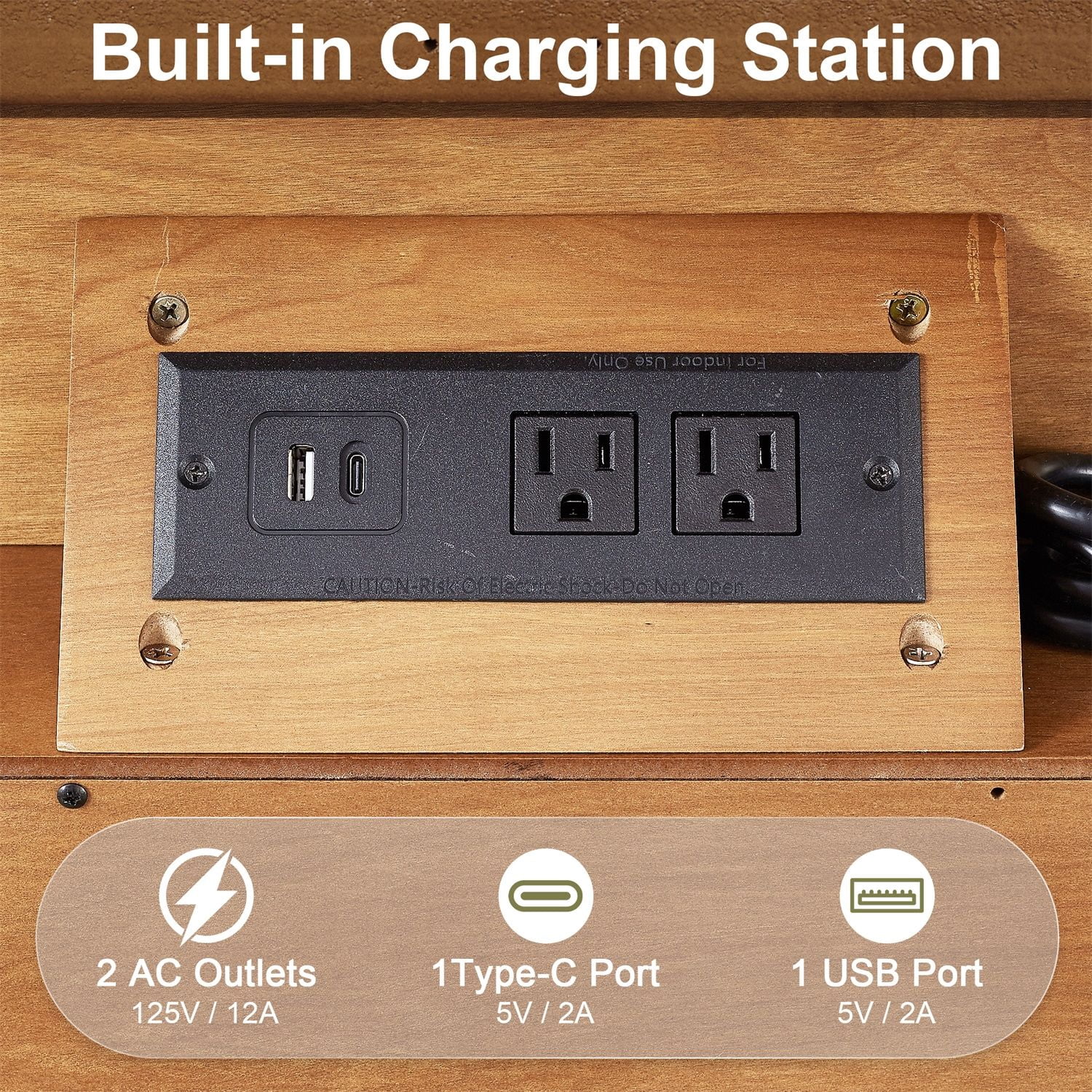 Hommoo Farmhouse Wood Nightstand with Built-in Charging Station, Bedside Table with Drawer & Double-Door Cabinet, USB/Type-C Ports, AC Outlets for Bedroom or Living Room, Natural