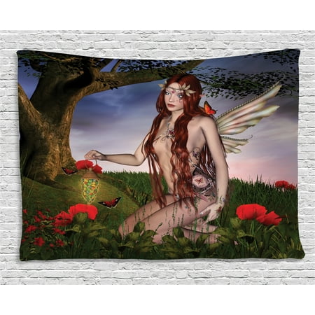 Fantasy Tapestry, Redhead Fairy with Wings Holding a Butterfly Catcher Lantern Surrounded by Poppies, Wall Hanging for Bedroom Living Room Dorm Decor, 60W X 40L Inches, Multicolor, by