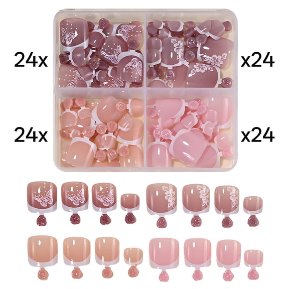 RAGUPEL 2026 New 96Pcs Toe Press on Nails French Style Anti-Bend Surface Acrylic Nail Tips Hand-Painted Patterns Press on Toenails for Women As A Gift Style1 for Home,Salon,Party,Travel