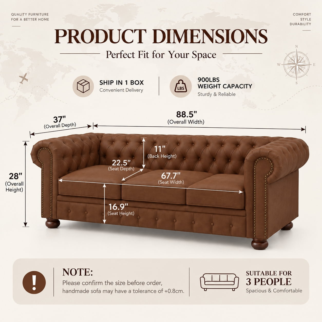 Anpport 81" Rolled Arm Chesterfield Sofa, Faux Leather 3 Seater Couch, Button Tufted, Nailhead Trim & Solid Wood Legs for Living Room & Office, Brown
