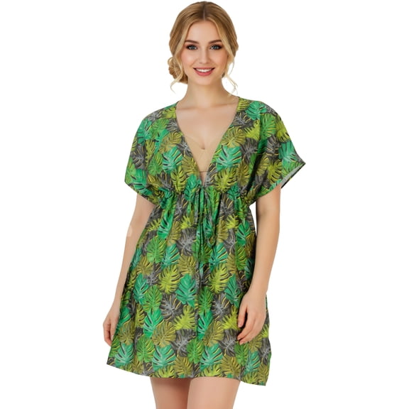 LA LEELA Women's Swimsuit Coverups Summer Cover ups for Swimwear Women Beach for Bathing Suit Bikini Dress Beachwear Cover up for Women M-L Fern, Leaves