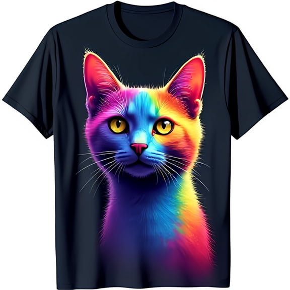 Colorful Cat Graphic on Black T-Shirt Curious & Aloof Design for Cat Lovers
