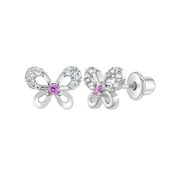 Rhodium Plated Clear and Pink CZ Butterfly Screw Back Earrings for Toddler Girls