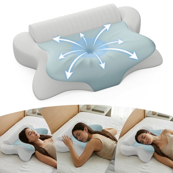 Cervical Neck Pillows, Memory Foam Pillow with Cooling Silk Case for Neck & Shoulder Pain Relief, Side & Back & Stomach Sleepers(Blue&White）
