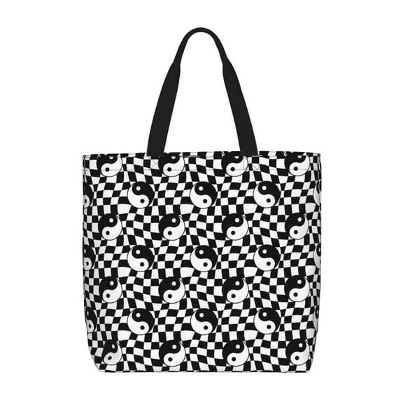 Fuzoiu Ying Yang Checkered Print Durable Tote Bag,Shoulder Bag with Zipper Closure,Casual Tote's Handbag,for Daily Use, Shopping, School, Work