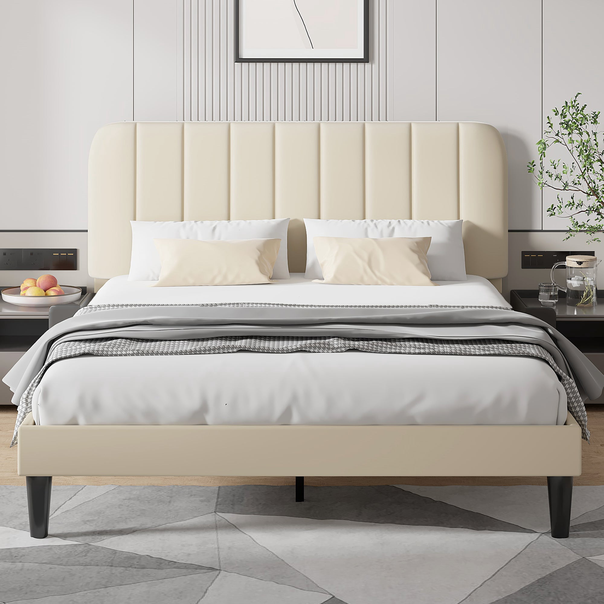 VECELO Full Size Bed Frame with Upholstered Headboard, Velvet Platform Bedframe Mattress Foundation, Strong Wood Slat Support, No Box Spring Needed,Velvet Beige