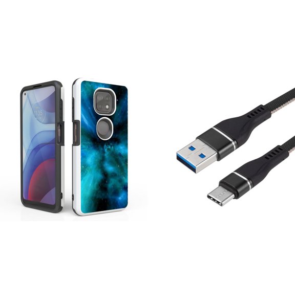 Bemz Accessory Bundle for Moto G Power (2021) Case with: Dual Shield Slim Rugged Hybrid Protective Cover, Fast Charging Sync USB-C to USB-A Cable (3 Feet) and Touch Tool - Blue Space