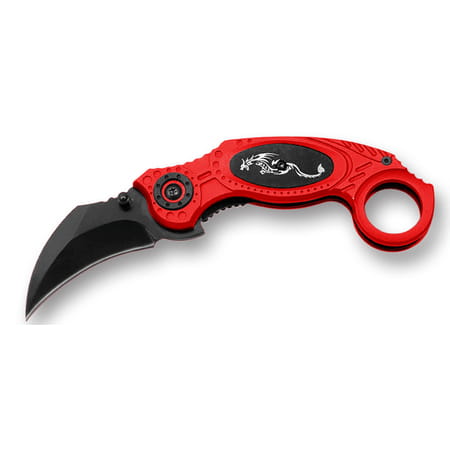 Hawkbill Tactical Assisted Opening Knife Red Handle Dragon