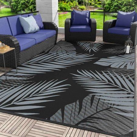 DEORAB 8 x10  Outdoor Rug Patio Clearance Waterproof Outside Mat Reversible Plastic Camping Black&Grey