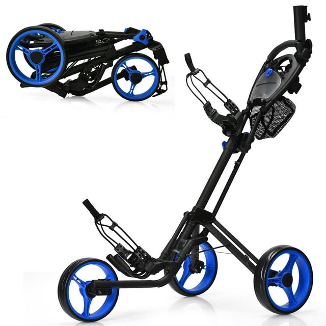 Gymax 3 Wheels Foldable Golf Push Pull Cart Trolley w/ Mesh Bag Foot Brake Blue