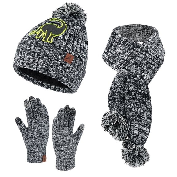 FZ FANTASTIC ZONE Kids Winter Warm Beanie Hats Long Scarf Touchscreen Gloves Cable Knit Set with Pompom Fleece Lined Skull Cap for 5-10 Years Old Boys Girls