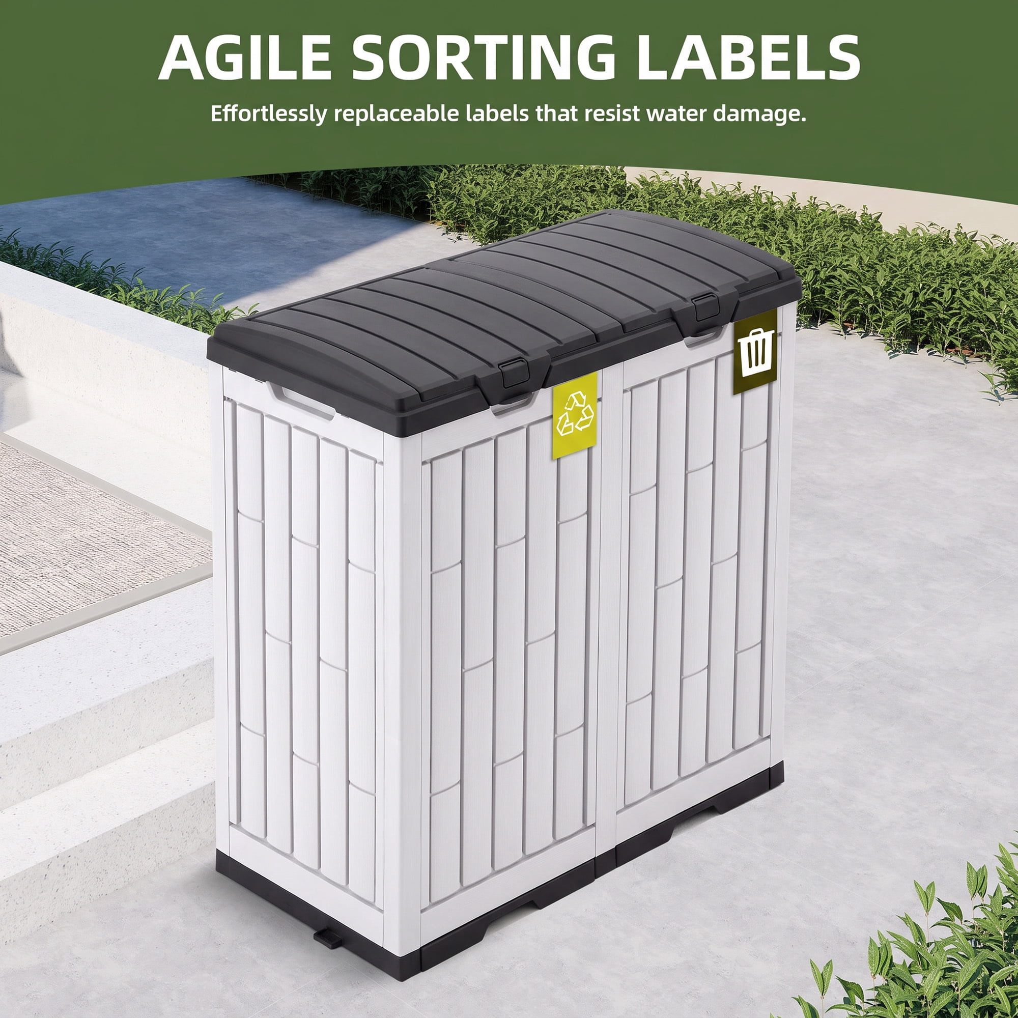 Uforic 76 Gallon Outdoor Trash Can, Resin Garbage Bin with Sorting Labels, Ash Holder, Lid, Stakes & Suction Cups for Patio Backyard Garden, White