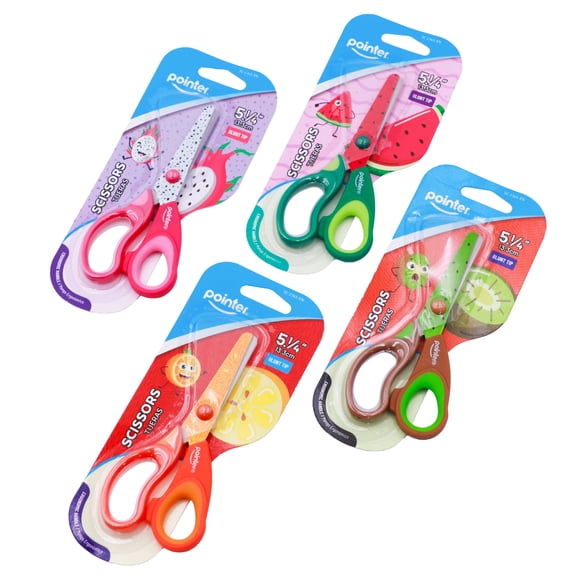 Pointer School Children's Blunt Tip Scissors, 4 Pack with Fruit Decoration, 5.25", Assorted Colors, 4 Count