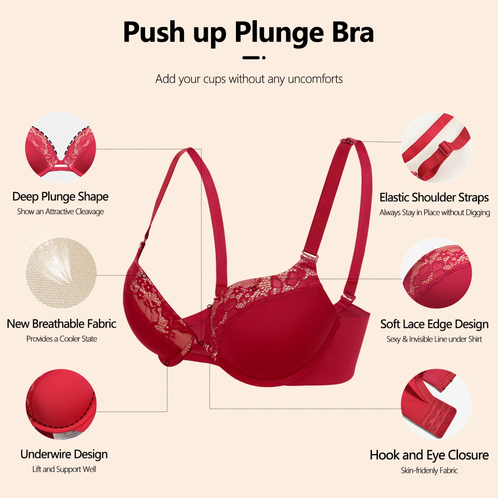 YANDW Push-up Padded Bras for Women Plunged Underwire Support Bra Add One Cups, Red 34D