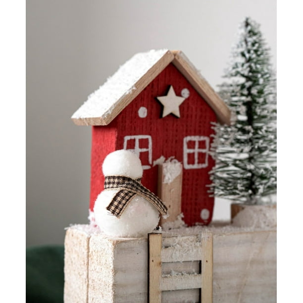 Decoración Navideña Cabaña de Madera Roja Casa de Nieve Decoración de Mesa