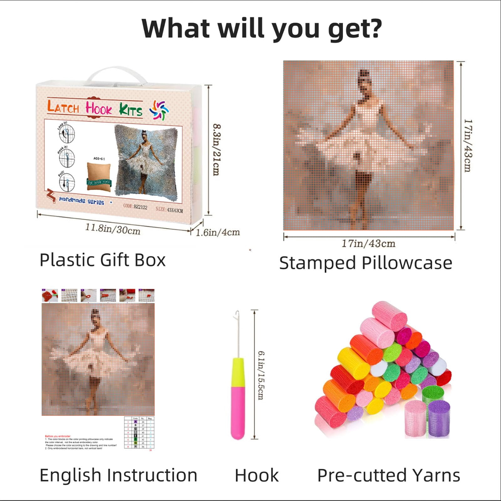 White Dress Ballerina Woman Dancing DIY Latch Hook Pillow Kits for Adults Printed Pillowcase Crochet Yarns Hooking Handmade Pillow Cover Cushion for Home Sofa Decoration 17x17inch(2)