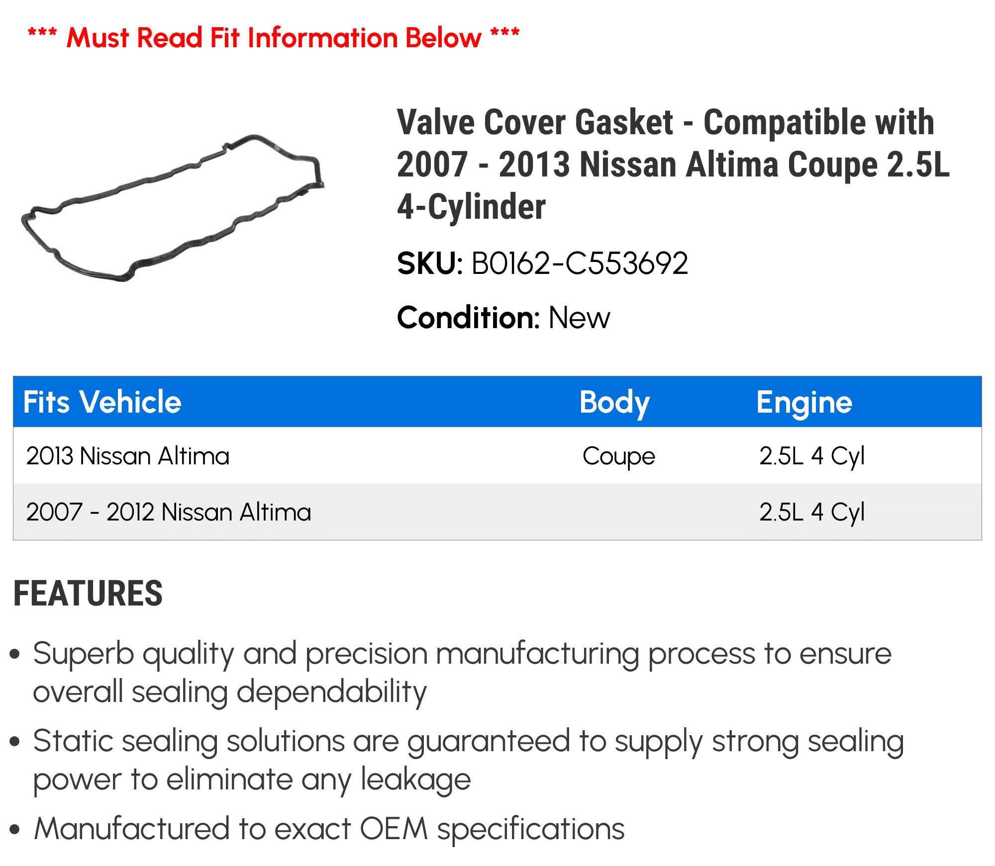 Valve Cover Gasket - Compatible with 2007 - 2013 Nissan Altima Coupe 2.5L 4-Cylinder 2008 2009 2010 2011 2012
