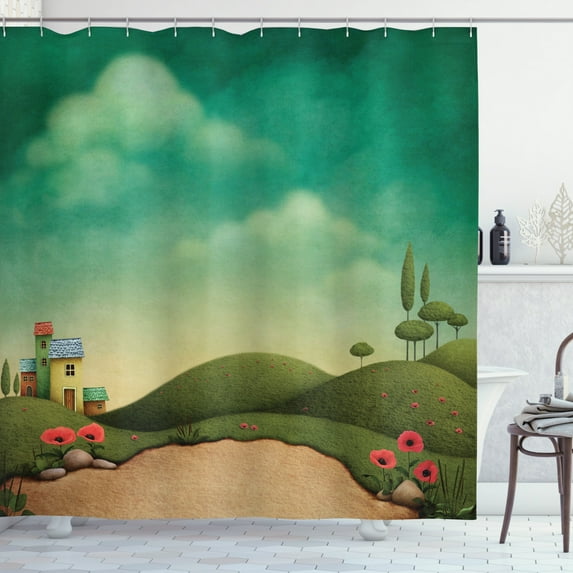 Mural Shower Curtain, Abandoned Village of Four Houses Behind the Hills and Poppy Flowers on a Cloudy Day, Fabric Bathroom Set with Hooks, 69W X 70L Inches, Multicolor, by Ambesonne