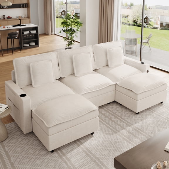 Sectional Couches. 108'' Cloud Modular Sectional Sofa. U-Shaped Chenille Deep Seat Sofa with Storage Armrests and Charging Stations. Movable Ottoman and Cup Holder Included. Beige