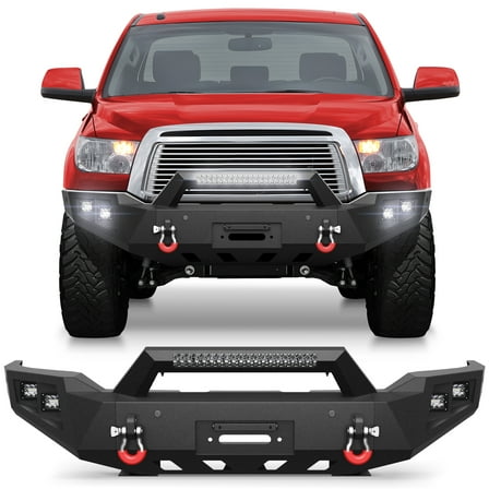POFENZE Front Bumper for 2007-2013 Tundra Pickup Trucks Full Width Off Road Bumper w/Winch Plate, 144W Light Bar, 4x18w Lights and License Plate Bracket