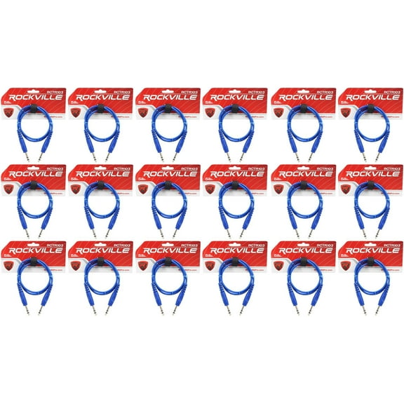 18 Rockville RCTR103BL Blue 3' 1/4'' TRS to 1/4'' TRS Cable 100% Copper
