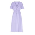 thumbnail image 3 of qucoqpe Womens Summer Hollow Out T-shirt Dress V Neck Tie Short Sleeve Pleated Flowy A Line Midi Dress Casual Loose Beach Sun Dress with Pockets, 3 of 7