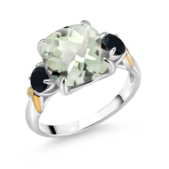 Gem Stone King 925 Silver and 10K Yellow Gold Green Prasiolite and Black Onyx 3 Stone Ring for Women (4.19 Cttw, Gemstone Birthstone, Cushion Checkerboard 10MM, Round 4MM, Size 5)