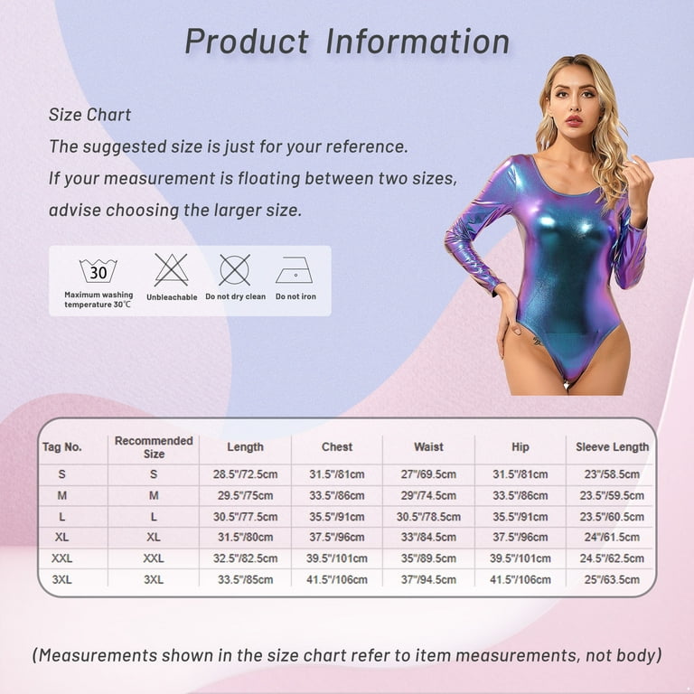 renvena Women's Shiny Metallic Bodysuit Long Sleeve Scoop Neck Gymnastics  Leotard Dance Costume Size S-3XL Hot Pink XL