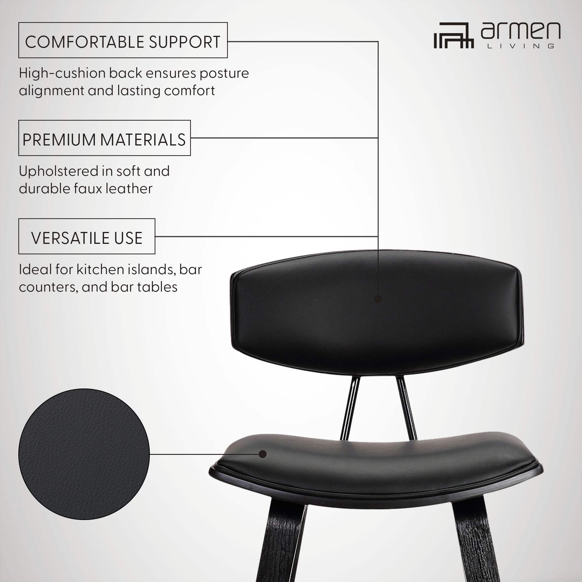 Fox 25.5" Counter Height Black Faux Leather and Black Wood Mid-Century Modern Bar Stool - Set of 2