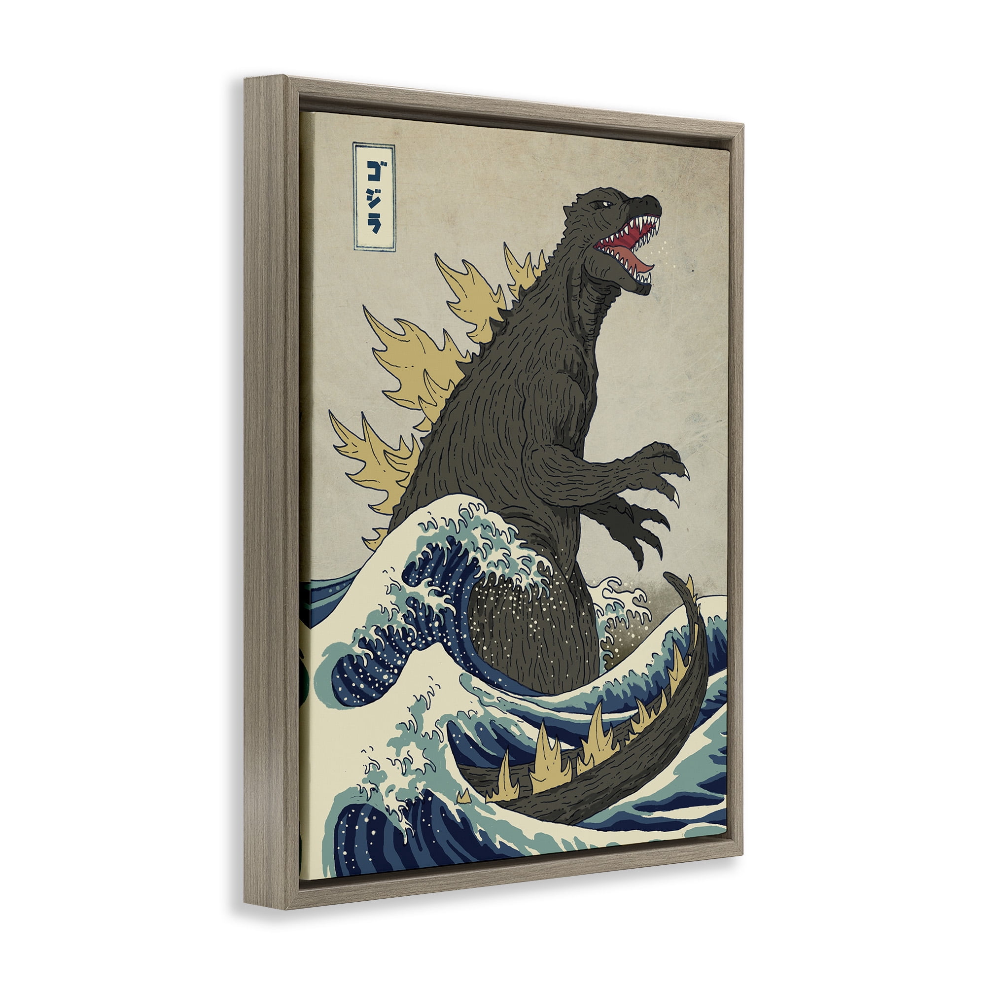 Stupell Industries Nautical Godzilla Eastern Style Illustration Fairy Tales & Fantasy Painting Brown Floater Framed Canvas Art Print Wall Art, 17 x 21