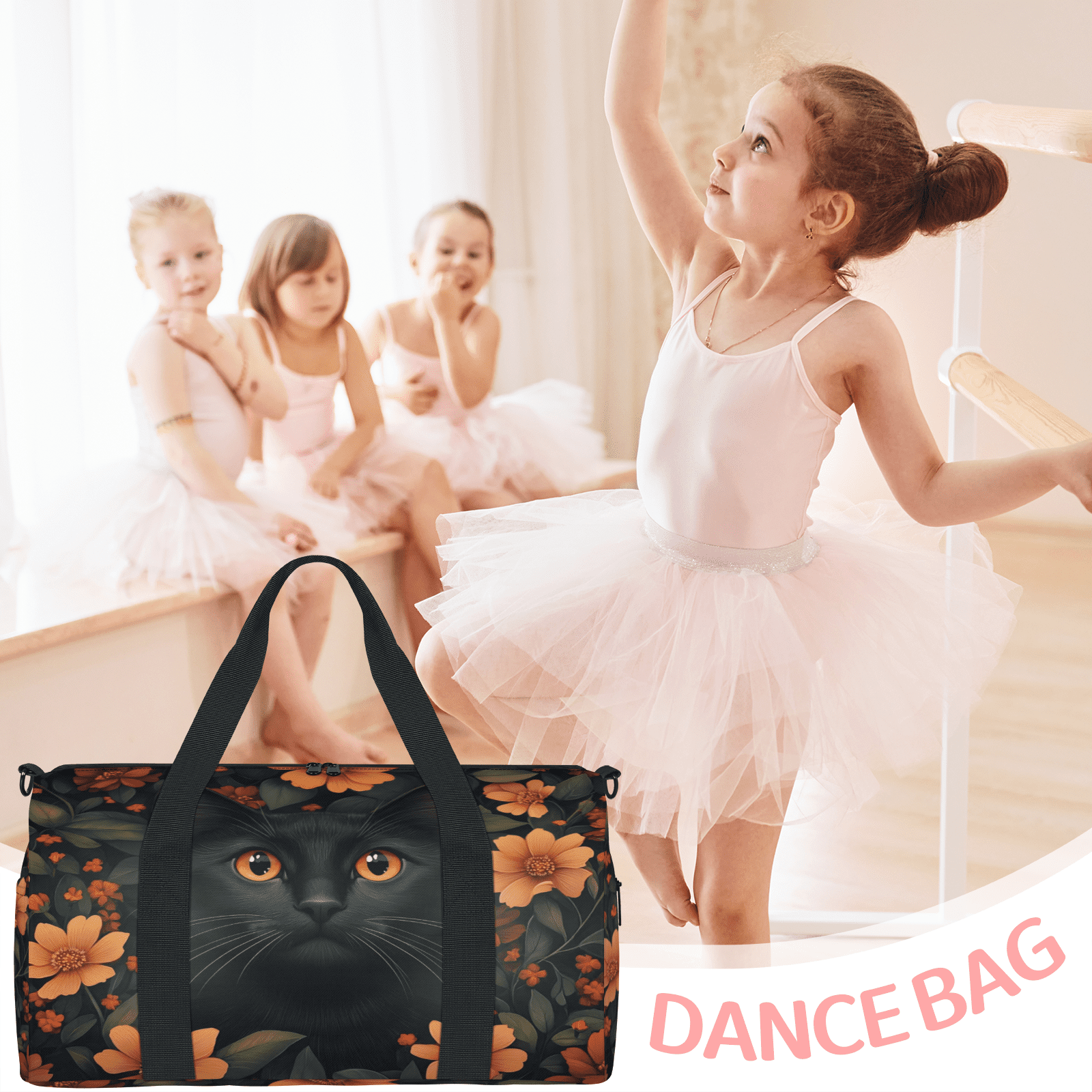 Herdesigns Black Cat Gym Bag for Women, Cute Cat Duffle Bag for Travel Sport, Lightweight Waterproof Carry on Weekender Overnight Dance Yoga Workout Bags