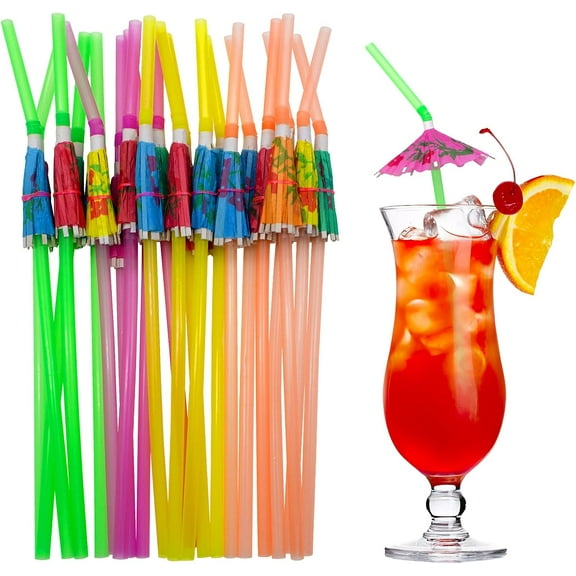 100PCS Umbrella Parasol Drinking Straws Multicolored Bendy  2*9.5Inch