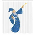 thumbnail image 3 of Wizard Shower Curtain, Cartoon Smiling Old Man in Starry Costume Casting a Spell Abracadabra, Fabric Bathroom Set with Hooks, 69W X 84L Inches Extra Long, Blue Yellow Pale Grey, by Ambesonne, 3 of 3