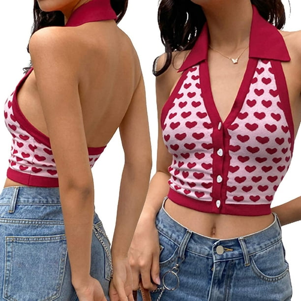 Camisetas sin mangas acanaladas para mujer, camiseta recortada con cuello Halter, camiseta sin mangas con estampado gráfico estético Y2K Sexy, ropa de verano Ormromra WRLF-63-2