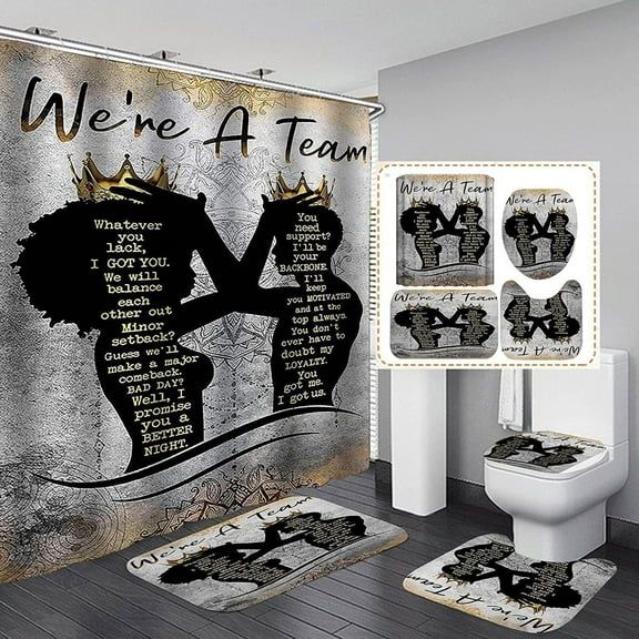 4PCS Black Praying Girl Shower Curtains Set with Hooks, Glitter Inspirational Quotes Shower Curtains with Rugs, Toilet Lid Cover Bath Mat, Fabric African American Woman Bathroom Decor Shower Curtains