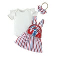thumbnail image 2 of Aojekbee Baby Girl 4th of July Outfits Solid Color Short Sleeve Romper with Letter Embroider Stripe Print Overall Dress Headband, 2 of 10