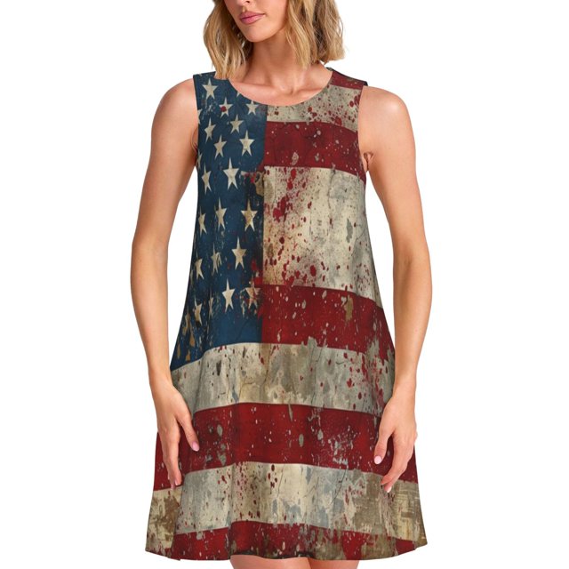 Disketp American Flag1 para Vestido sin Mangas para Mujeres, Vestidos de Verano para Mujeres, Casual y Holgado para la Playa
