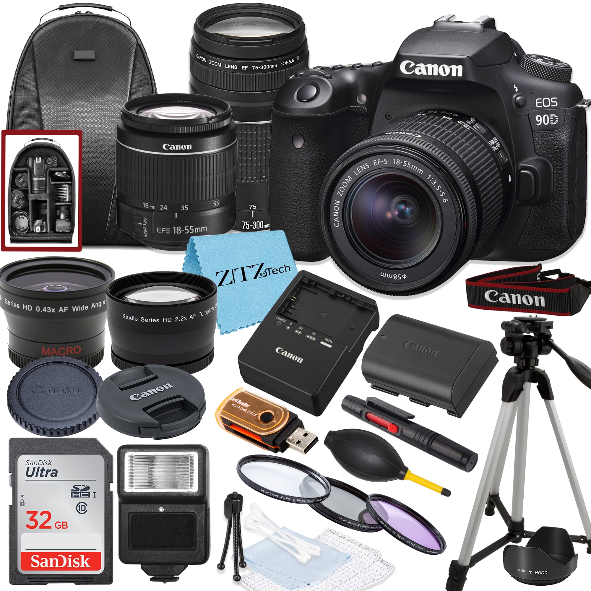 Canon EOS 90D DSLR Camera with 1855mm, 75300mm Lens, SanDisk 32GB