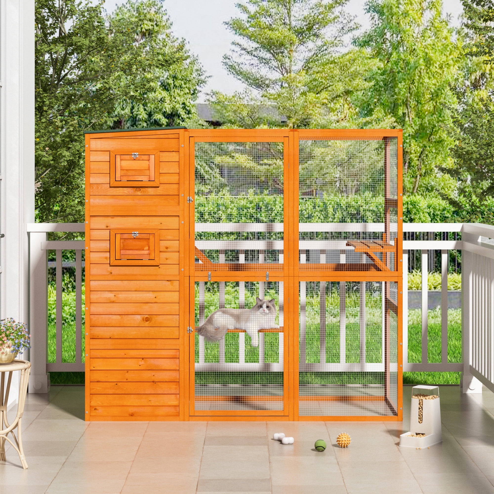 COZIWOW Wood  Cat House Catio Outdoor Enclosure, 2 Resting Condos, 2 Platforms, 4-Tier Cat Play Cage, Orange