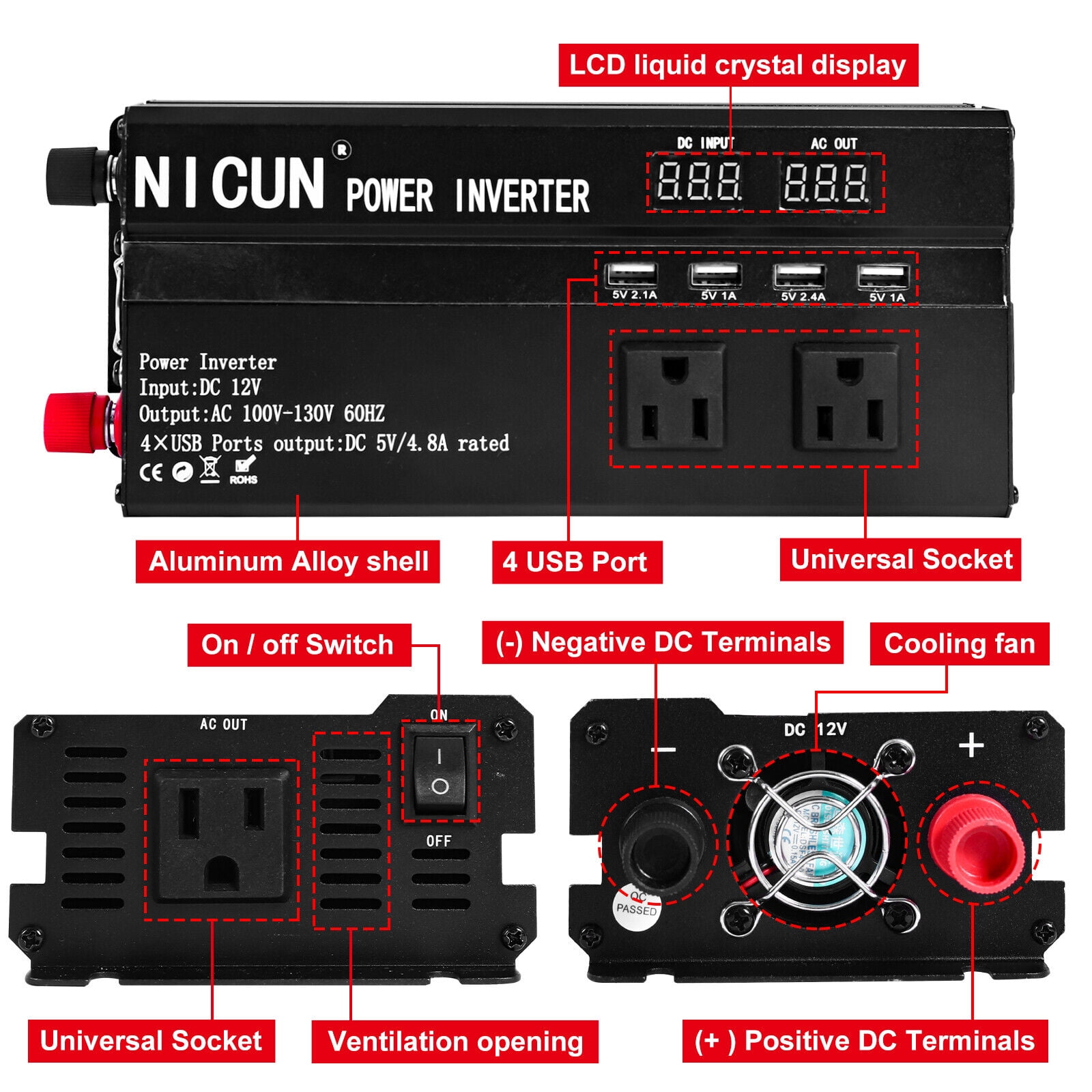 6000W Car Power Inverter DC 12V To 110V AC with Dual Outlets and USB Charger, High-Capacity Power Converter for Vehicles Trucks Camping and Outdoor Use, Solar Converter LCD Display