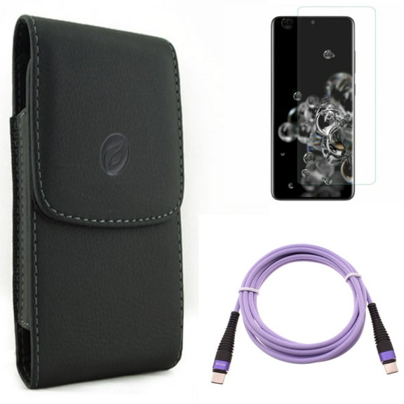 Purple 10ft PD Cable w Screen Protector w Case Belt Clip for Samsung Galaxy S20 Ultra - Type-C to USB-C Fast Charger Cord Extra Long, Tempered Glass [Fingerprint Unlock] 3D fits Galaxy S20 Ultra