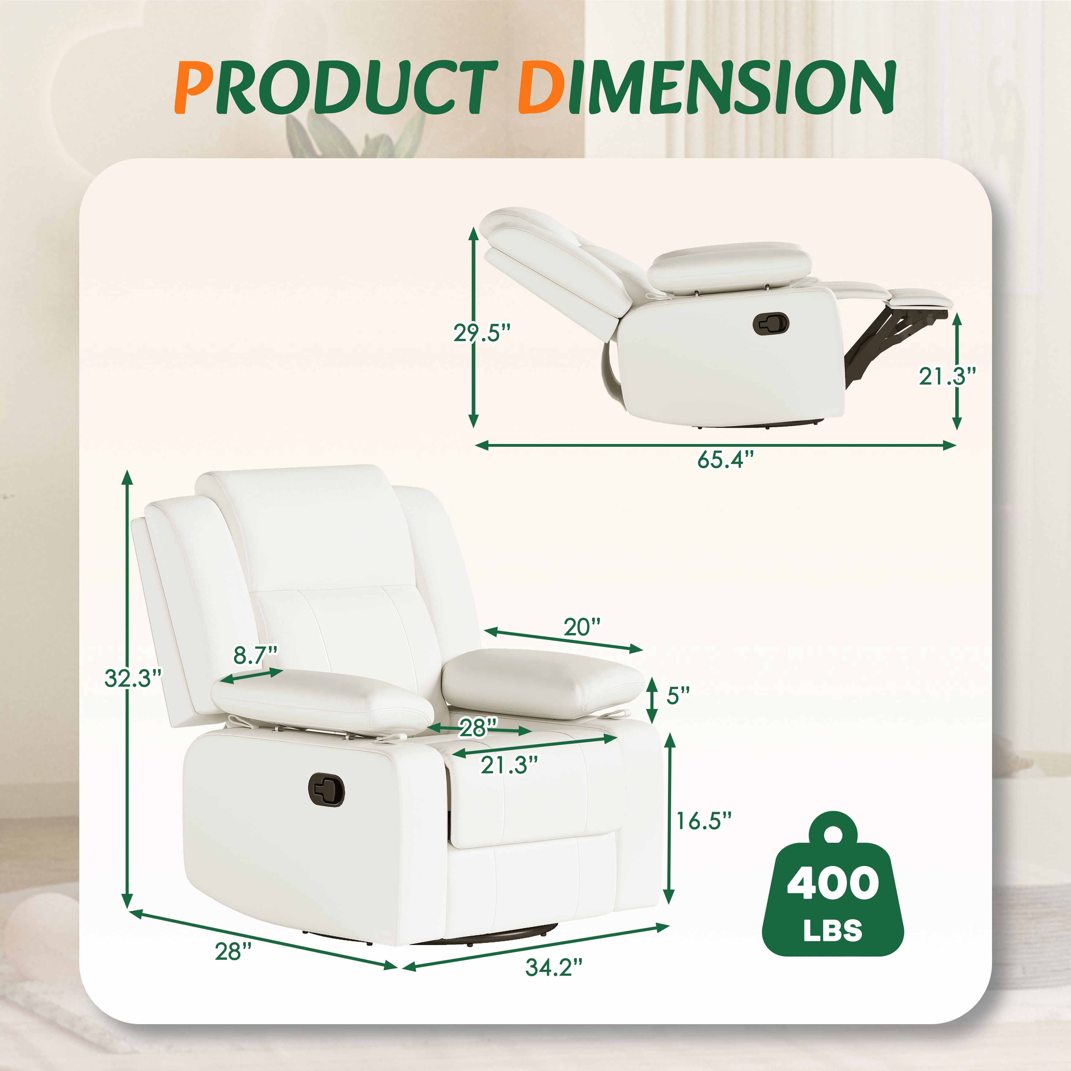 LAZZO Recliner Chair with Adjustable Armrest and Headrest, Upholstered Swivel Rocking Chair for Nursery & Living Room, Beige